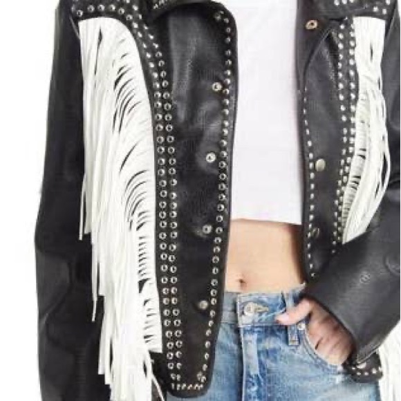 Azalea Wang Studded Black Faux Leather White Fringe Detail Moto Jacket - Picture 3 of 7